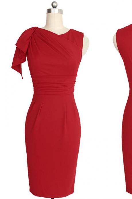Elegant Ruffle Sleeve Knee length Work Office Casual Slim Wiggle Pencil Sheath Bodycon Women Dress Red Color