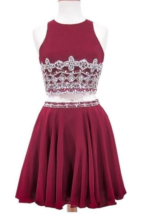Grade Prom Party Dresses A-line Scoop Sleeveless Beaded Crystals Burgundy Chiffon Two Piece Short Homecoming Dress