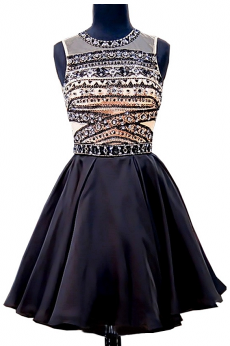 Stunning Junior 8th Grade Prom Party Dresses A-line Beaded Crystals Backless Black Short Homecoming Dress