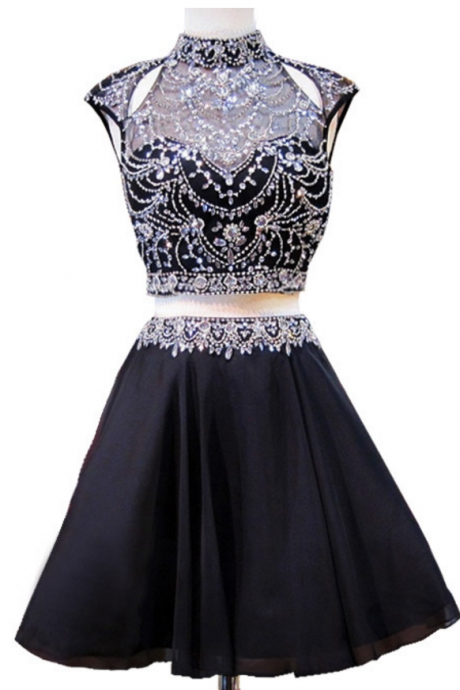 Sweet 16 Dresses Short High Neck Sparkly Cap Sleeve Beaded Crystals 8th Grade Prom Backless Chiffon Homecoming Dress