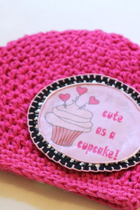 Girls Baby Beanie, Baby Hat, Toddler Hat, Girls Pink Shabby Chic Cupcake, Personalized Baby Beanie, 100% Cotton Hand Crochet Indie Made Pink