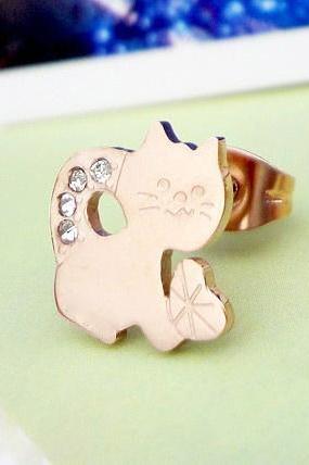 Lovely Cat Set Auger Rose Gold Titanium Steel Stud Earrings 