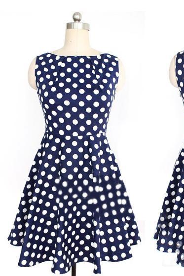 Women's Vintage Polka Dot Boat Neck Sleeveless Cocktail Party Flare Pleated Dress
