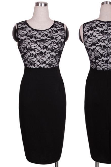Contrast Style Lace Splicing Ladies Black Pencil Evening Slimming Panel Tea Dress