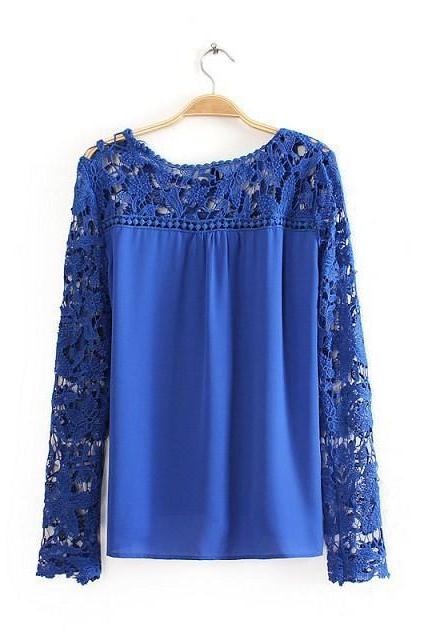 Lace Woven Openwork Hollow Out Stitching Lace Sleeves Chiffon Blouse
