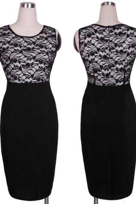 Contrast Style Lace Splicing Ladies Black Pencil Evening Slimming Panel Tea Dress