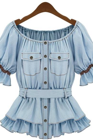 Faux Denim Shirt Women Butterfly Blouse Sashes Summer Soft Cotton Clothing Female European Style Tops