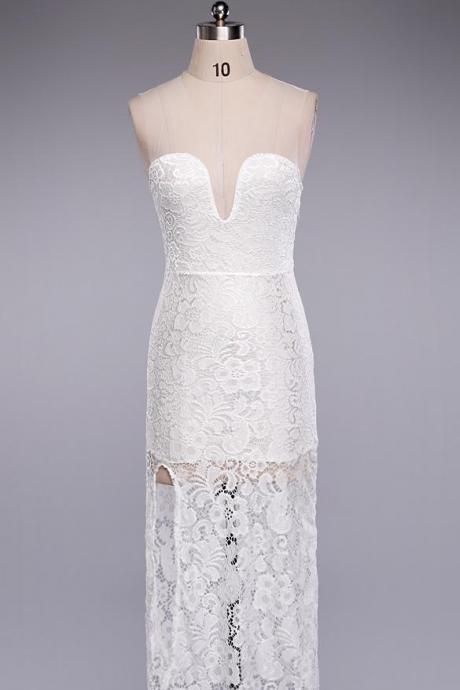 White Plunge Sweetheart Neckline Lace Long Dress With Side Split