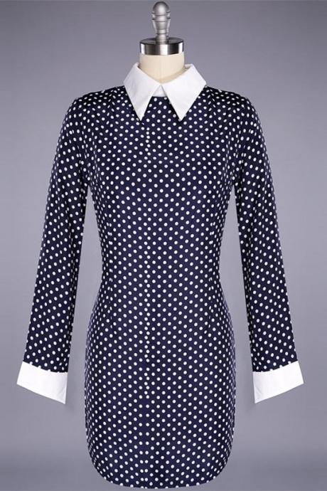 Lady Women's Long Sleeve Loose-fitting Polka Dot Dress Fashion Style Stretch Bodycon Dress