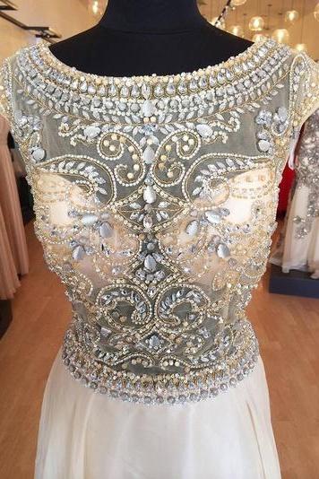 Custom Made A Line Round Neck Prom Dresses with Handmade Beadings