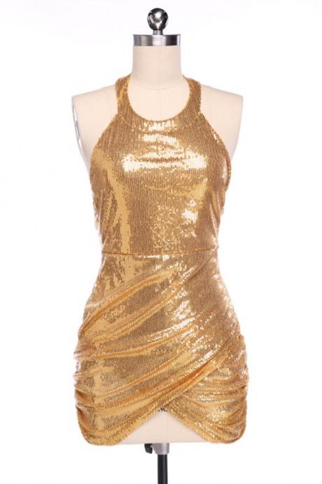 Fashion Sexy Lady's Golden Sequined Backless Halter Bodycon Dress Clubwear Party Dress