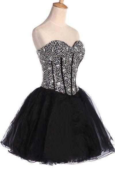 Beaded Embellished Sweetheart Black Short Tulle Homecoming Dress Featuring Lace-Up Back, Bridesmaid Dress, Cocktail Dress