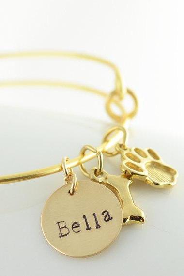 Personalized Bangle charm bracelet, hand stamped pet bracelet, dog paw, dog bone charms, womens jewelry, Alex and Ani inspired