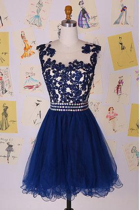 PGA14 Navy Blue Beading Lace Short Prom Dress/Lace Knee Length Homecoming Dress/Gorgeous Party Dress/Organza Prom Dress