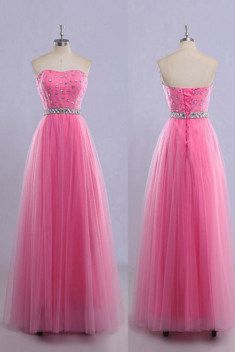 Beaded Embellished Pink Sweetheart Floor Length Tulle A-Line Prom Dress Featuring Lace-Up Back