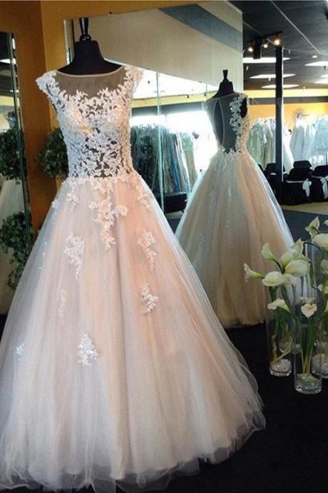 Cap Sleeve Ball Gown Prom Dresses with Lace Appliques, Unique Tulle Prom Dresses, White See-through Prom Gowns, #020102141