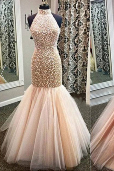 2017 Champagne Prom Dresses,Mermaid Prom Gowns,Tulle Prom Dresses,Beading Prom Dresses,Mermaid Prom Gown,2016 Prom Dress,Backless Evening Gonw With Beading For Teens