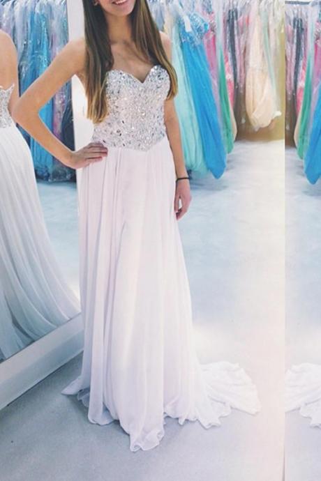 Prom Dress,white Prom Dress,beaded Prom Dress With Crystals, Long Chiffon Prom Dress