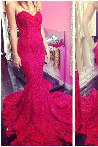 Fuchsia Prom Dresses,mermaid Prom Dress,red Prom Gown,lace Prom Gowns,elegant Evening Dress,modest Evening Gowns,simple Party Gowns,2016 Lace