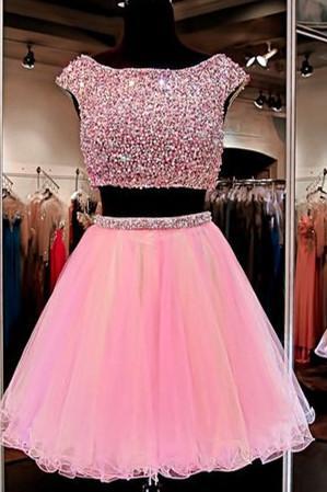  Pink Homecoming Dress,2 Piece Homecoming Dresses,Beading Homecoming Gowns,Short Prom Gown,Sweet 16 Dress,Bling Homecoming Dress,2 pieces Cocktail Dress,Yellow Evening Gowns