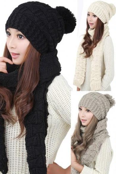 Women&amp;amp;#039;s Winter Knitted Scarf And Hat Set Thicken Knitting Skullcaps